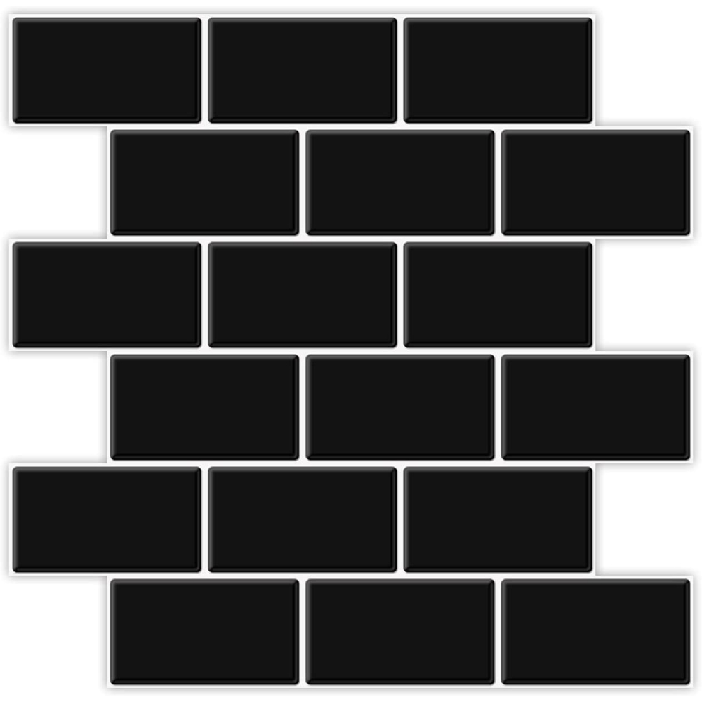 A black subway tile peel and stick backsplash behind a kitchen bench